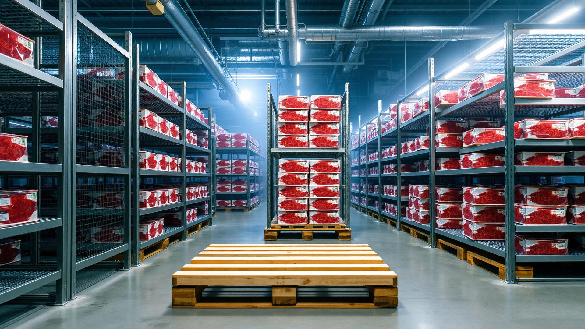 Refrigerated cold-storage warehouse with pallets of chilled meat cartons