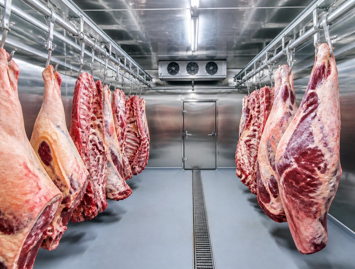 Commercial chiller room with hanging meat carcasses in cold storage