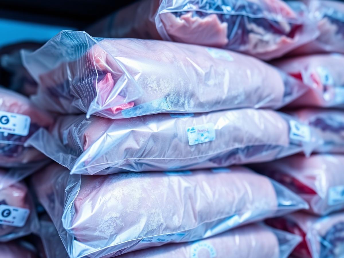Frozen meat products in cold storage packaging