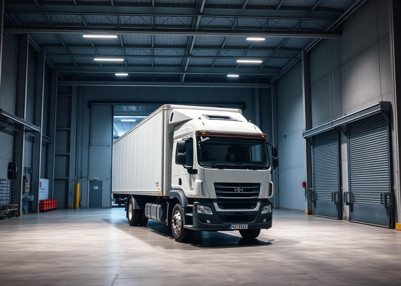 Refrigerated logistics warehouse with cold-chain delivery truck